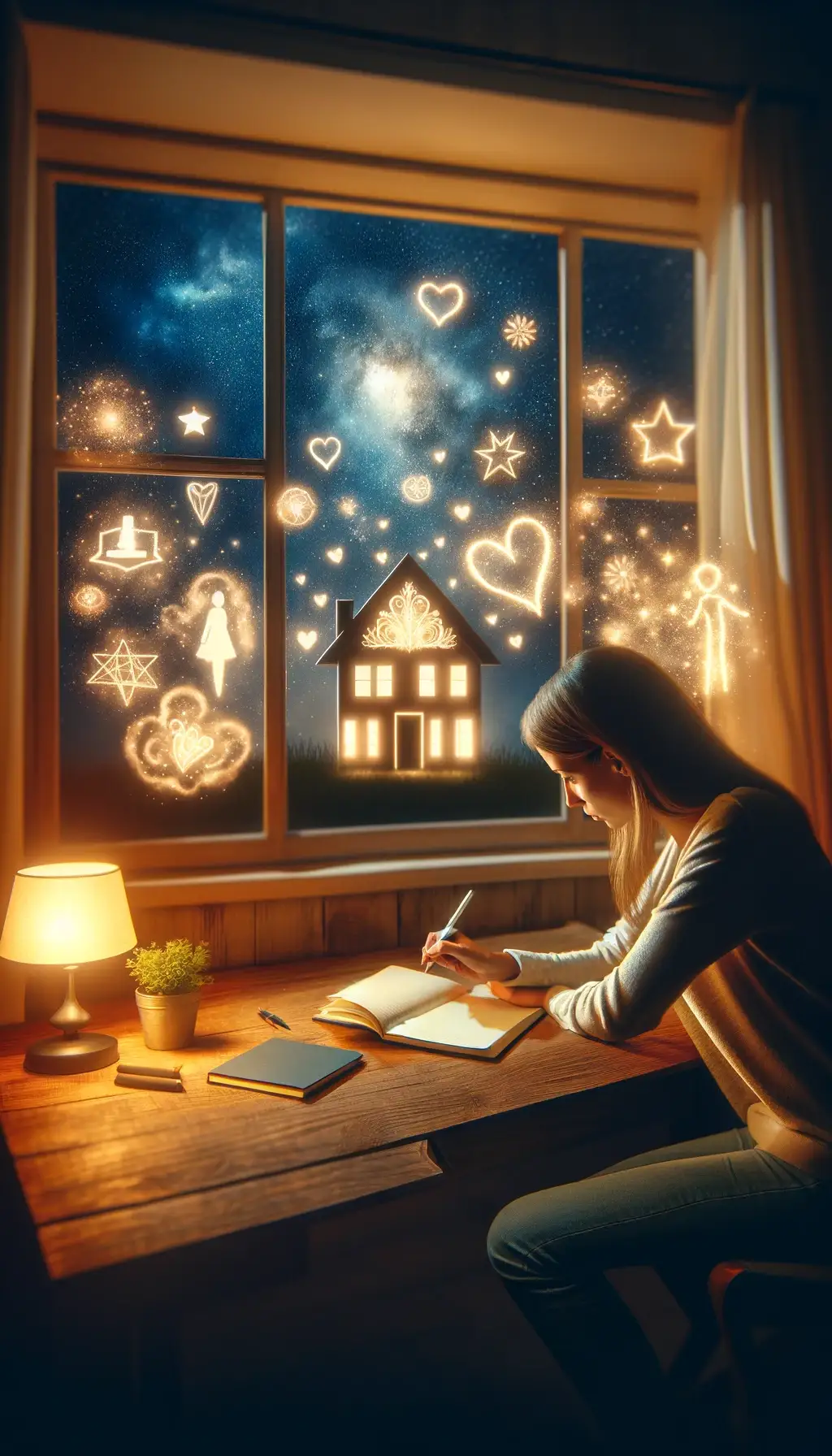 A woman writing in a notebook, with a visualization of her dreams like a new house and love, glowing outside her window