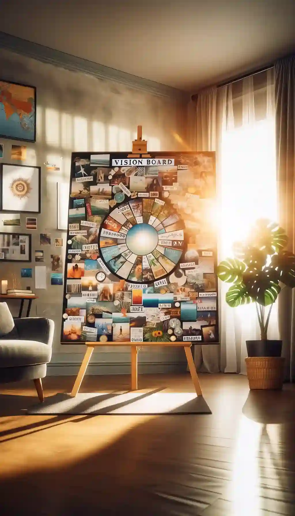 A well-organized vision board stands prominently in a sunlit room, filled with images and words representing personal goals and dreams.