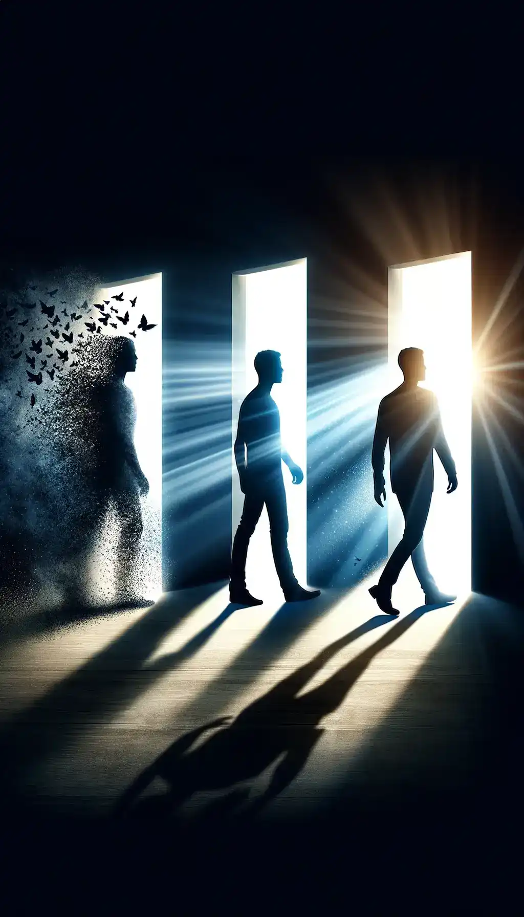 A person walking through symbolic doorways representing overcoming health challenges.
