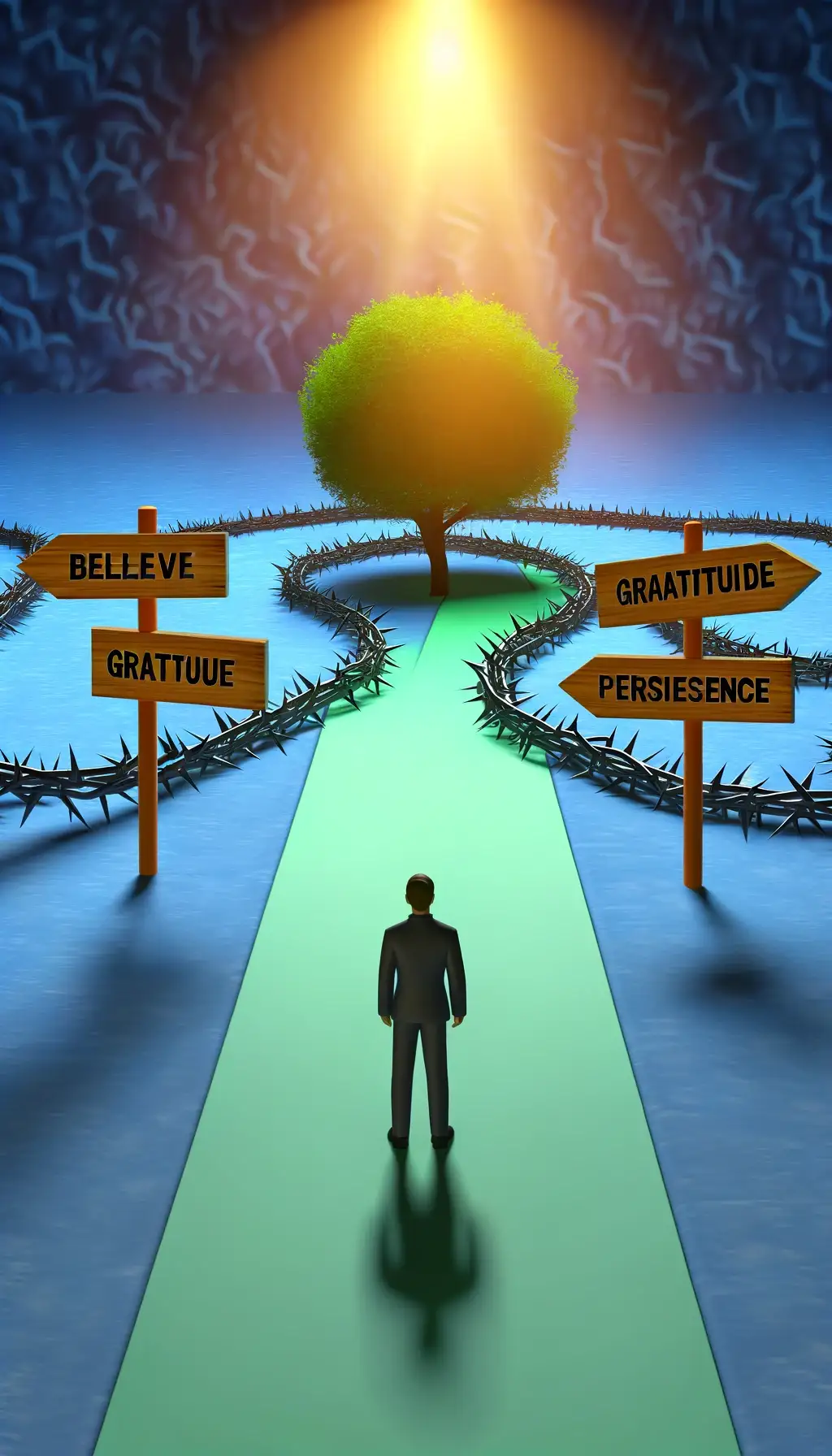 A person standing before a pathway leading to a tree with signs pointing to 'Belief', 'Gratitude', and 'Persistence', surrounded by barriers.