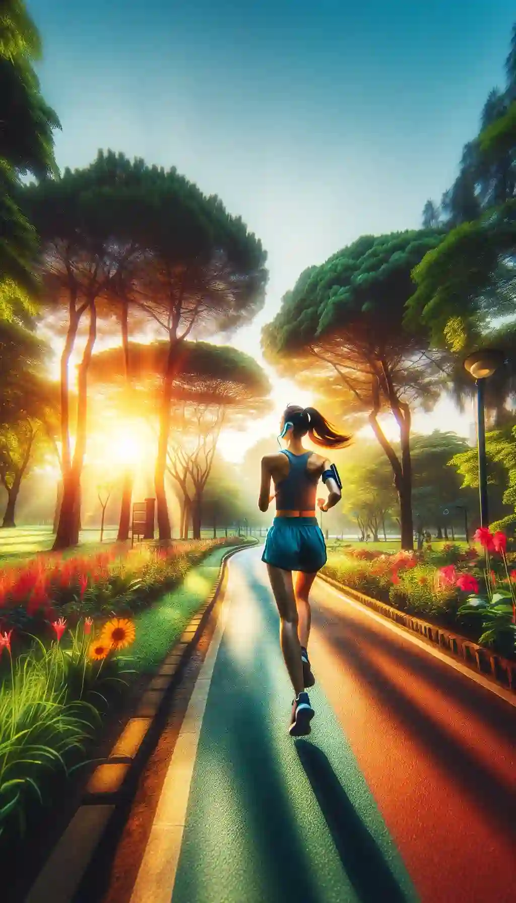 A woman running on a park path, flanked by flowers and trees with the sun rising in the background.