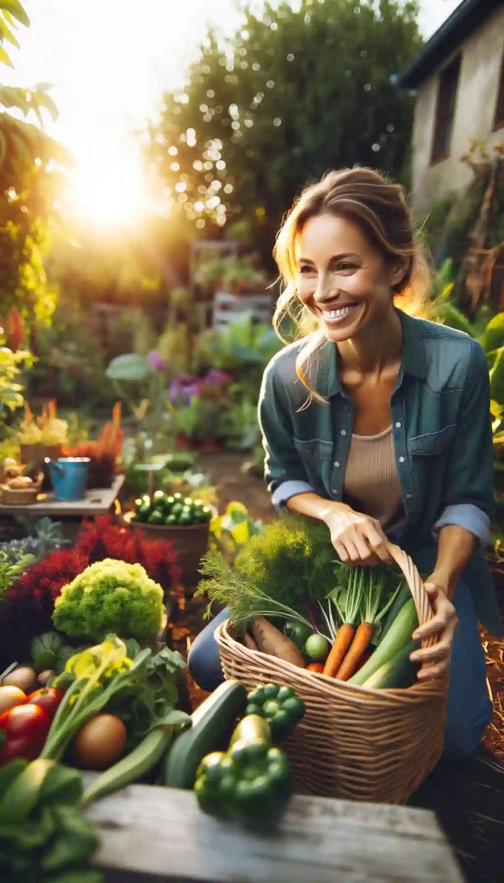 A smiling woman collecting vegetables from her garden in the sunlight.