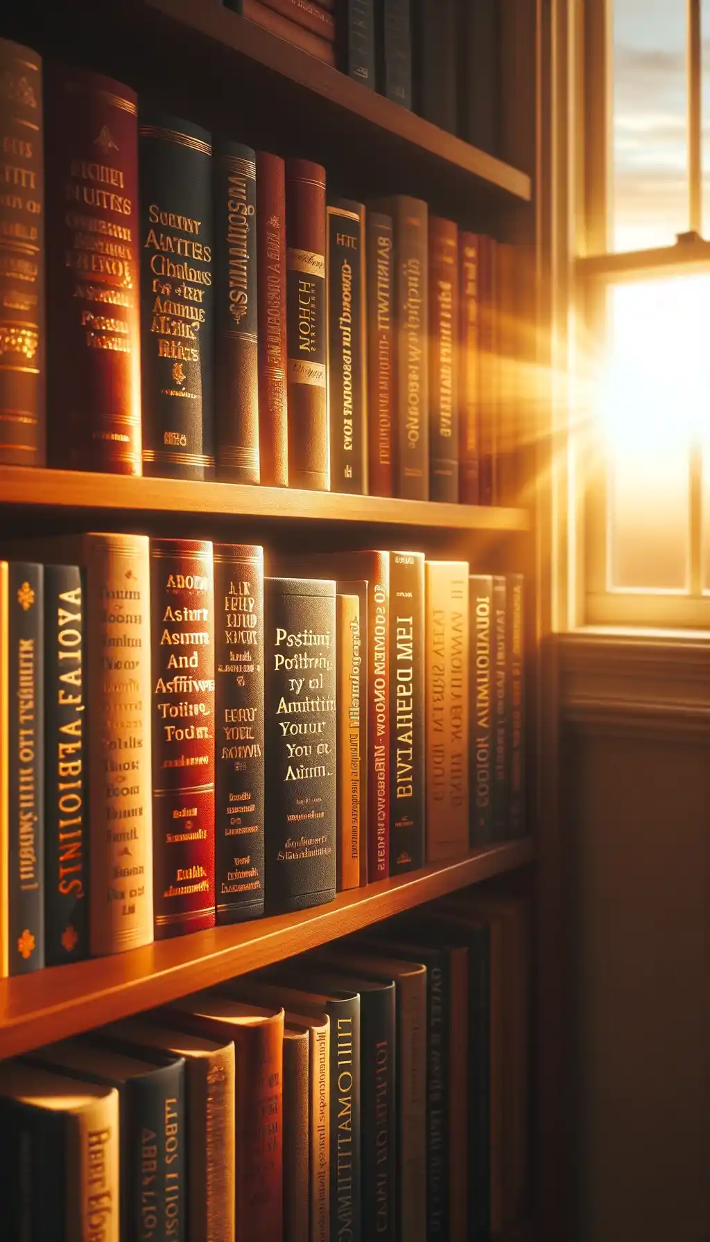 A bookshelf bathed in golden sunlight filtering through a window, each spine bearing inspirational titles.