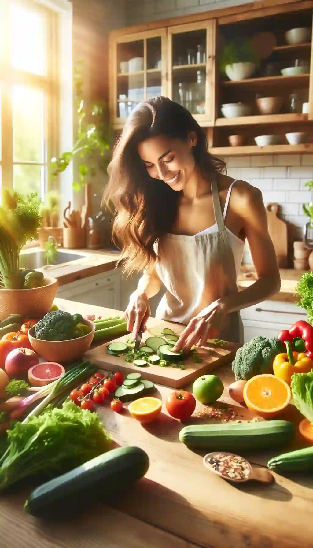 A woman chopping vegetables on a cutting board in a sunlit kitchen.