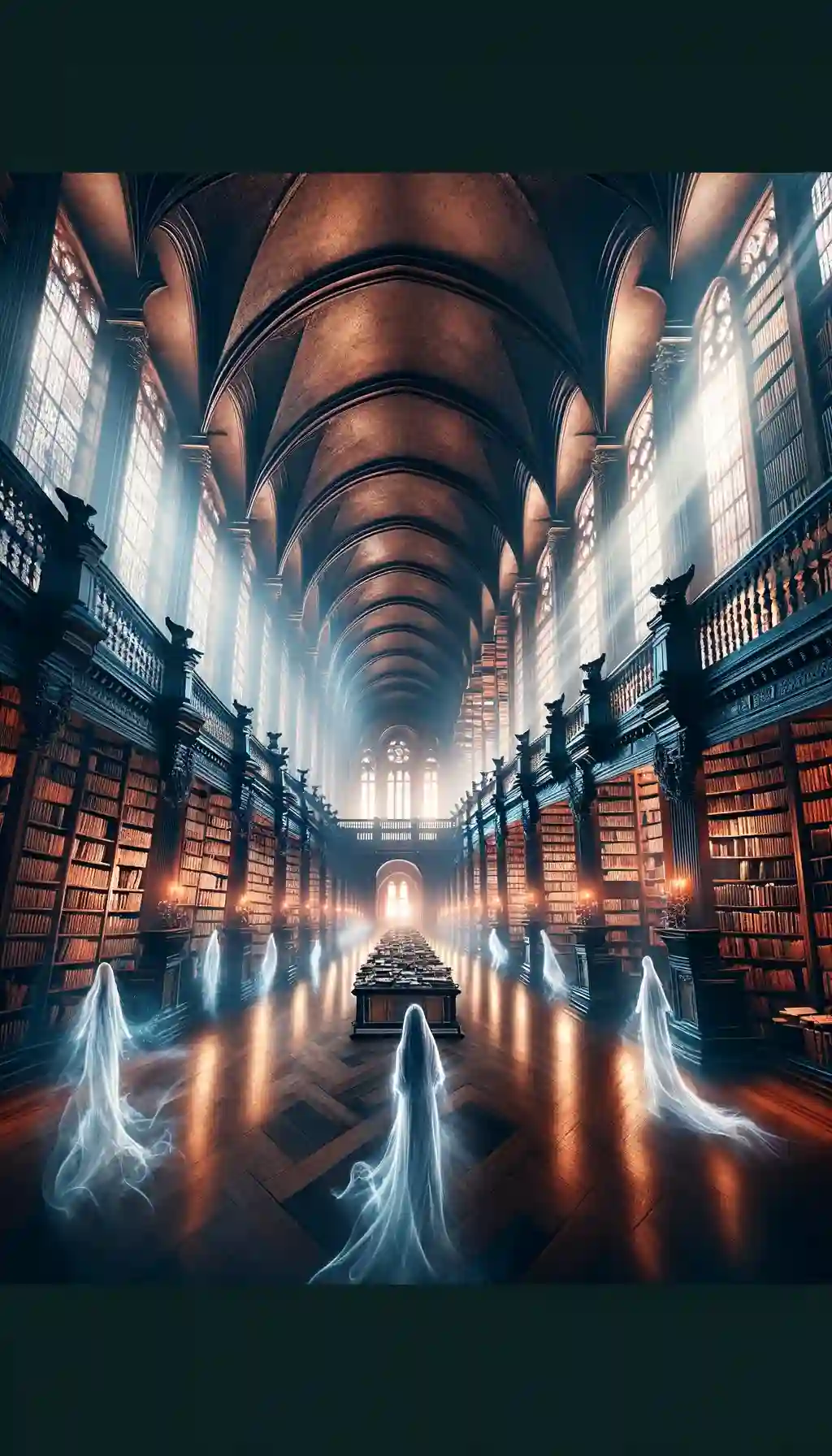 An ancient library hall with ghostly figures and rays of light.