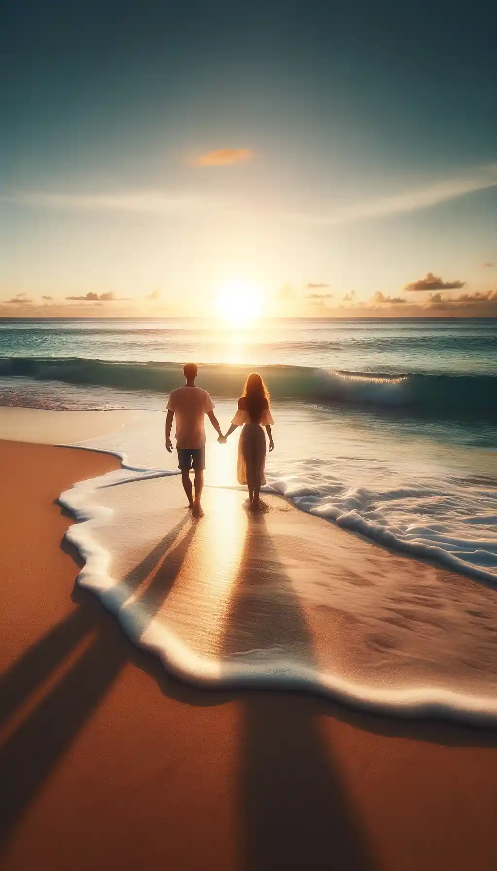 Couple holding hands on a sunrise beach walk