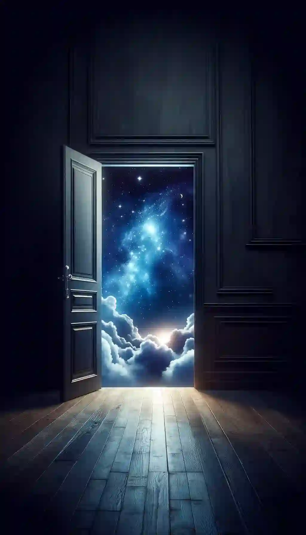 Open door to a starry night sky