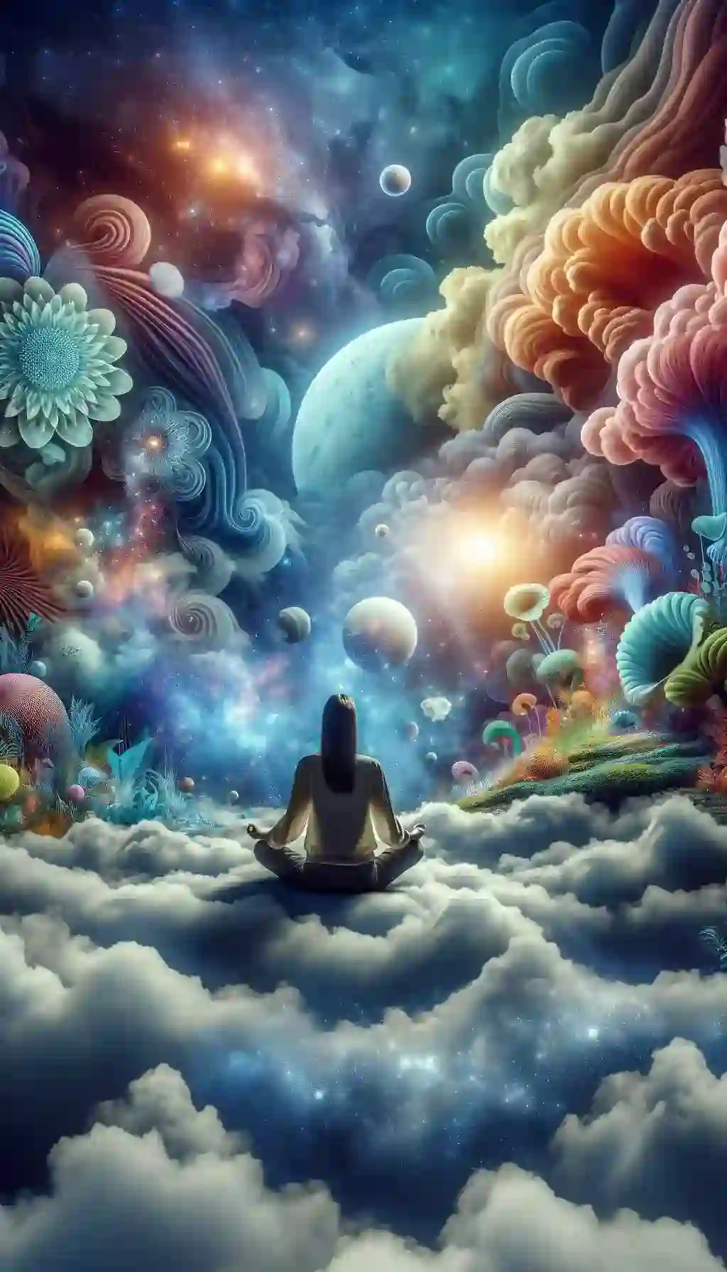 Person meditating in a cosmic landscape