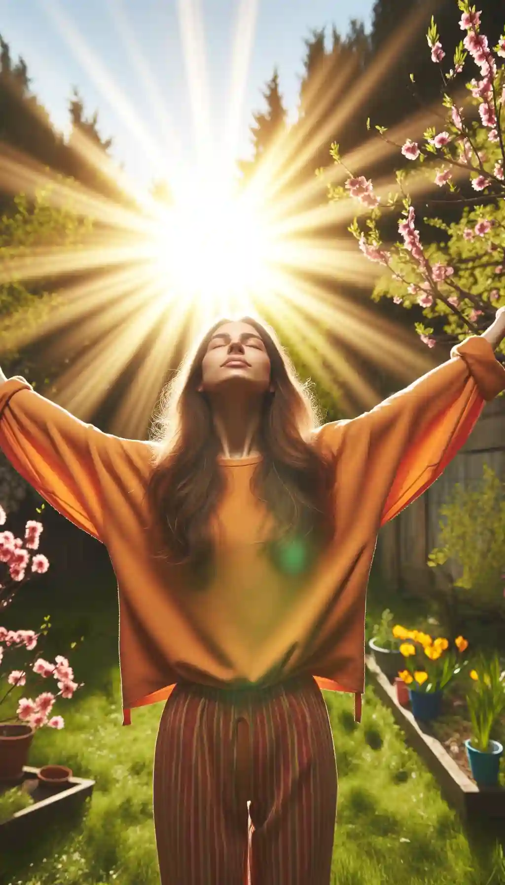 A young woman with long hair, dressed in a vibrant orange top, standing with arms raised, embracing the sunlight in a lush garden.
