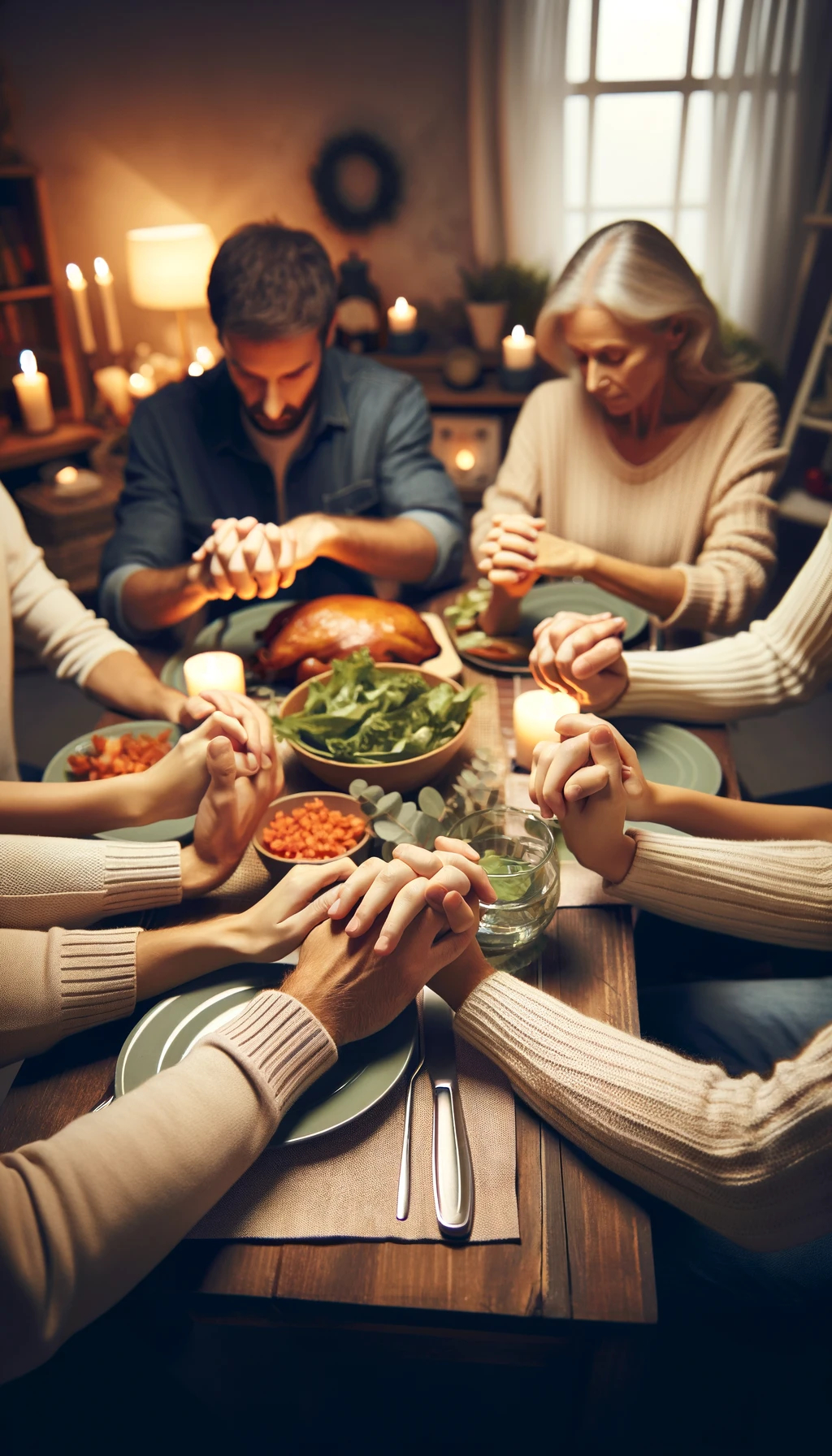 Family holding hands in prayer before a meal.