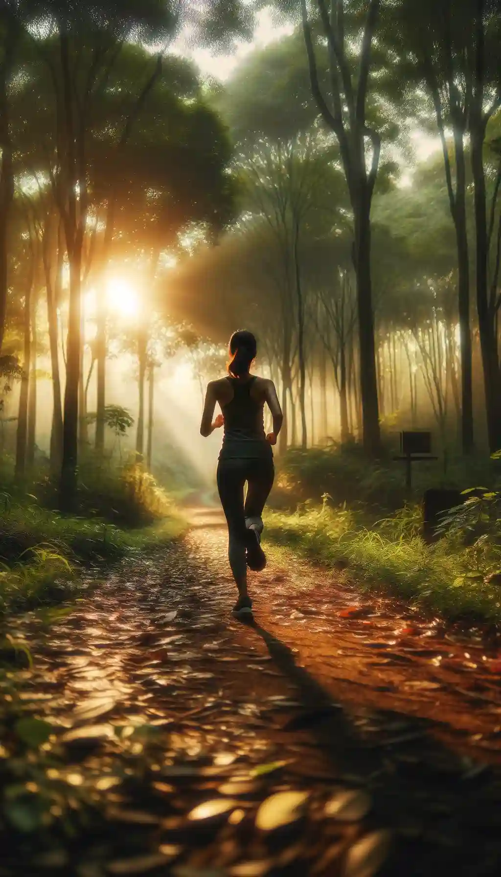  A woman jogging in the early morning through a forest path, the sunlight peeking through the trees.