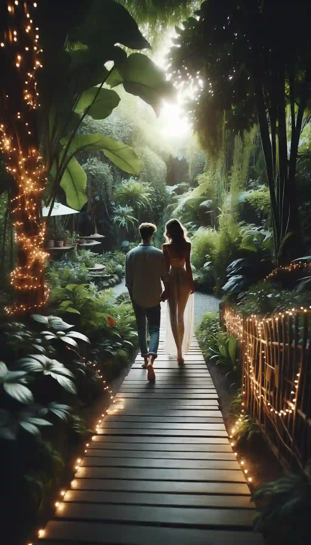 A couple strolling through a garden lit by fairy lights.