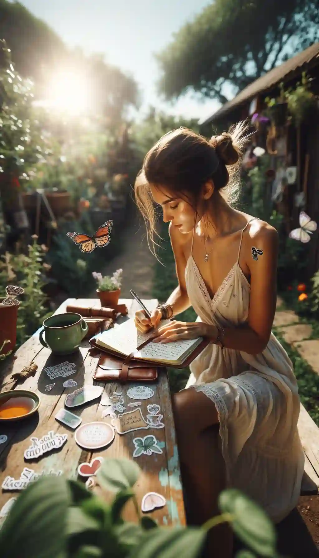 A young woman in a flowing dress is seated at a rustic wooden table in a garden, writing in a journal surrounded by nature's tranquility and fluttering butterflies.