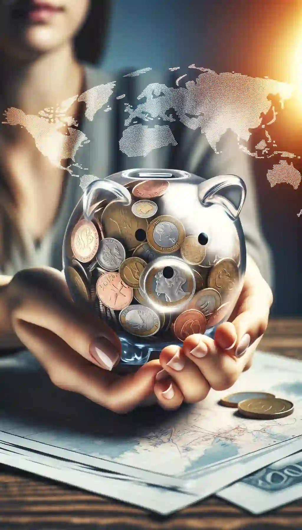 Woman holding a global piggy bank