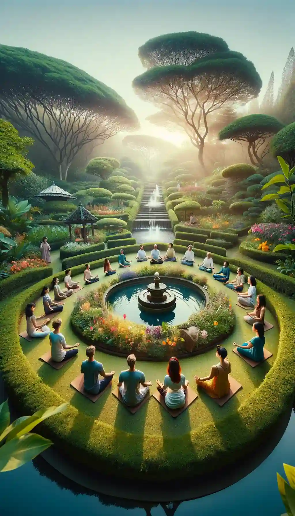 A group of individuals meditating peacefully in a lush garden setting.
