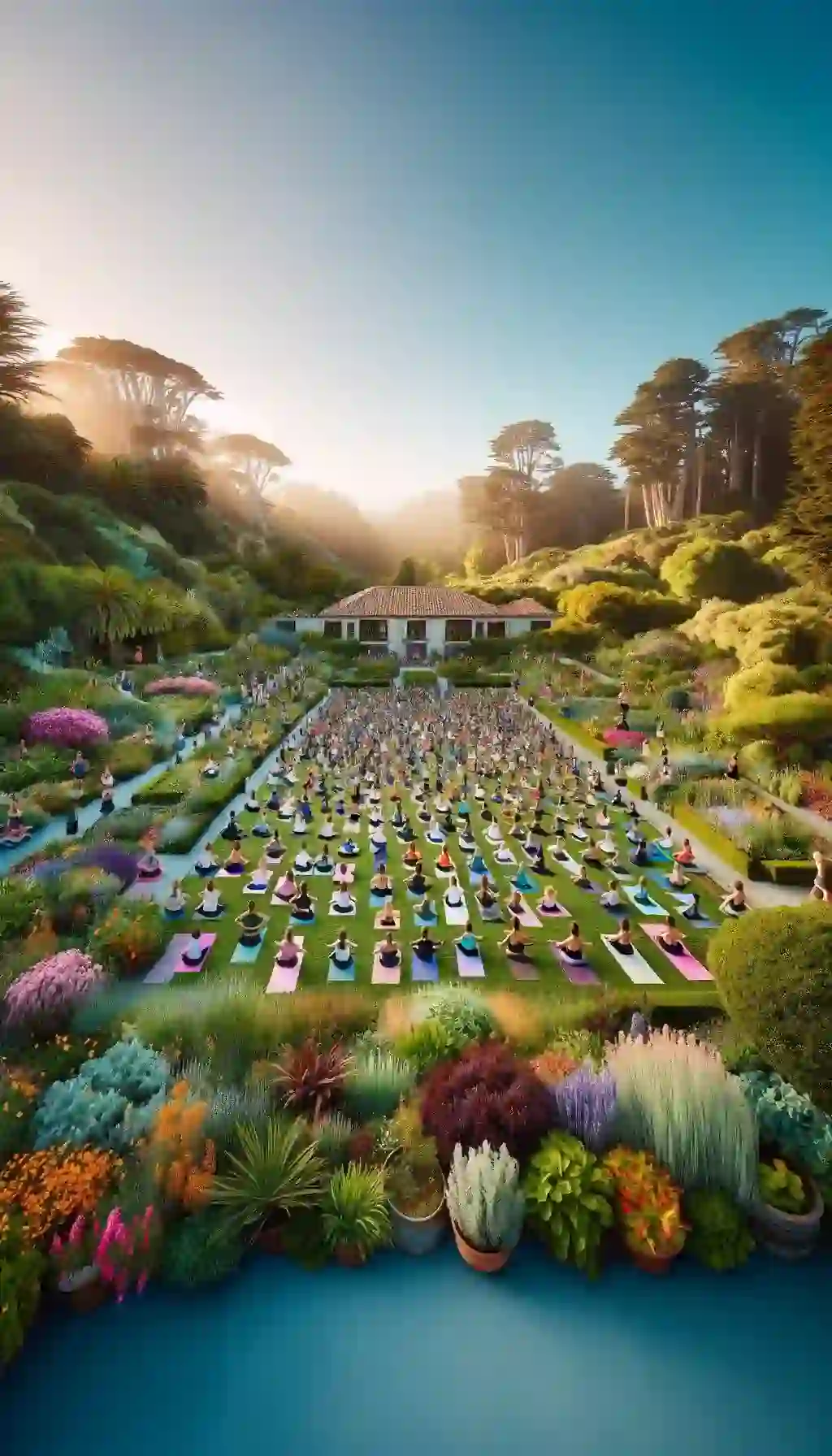 A group people doing yoga in a beautiful garden