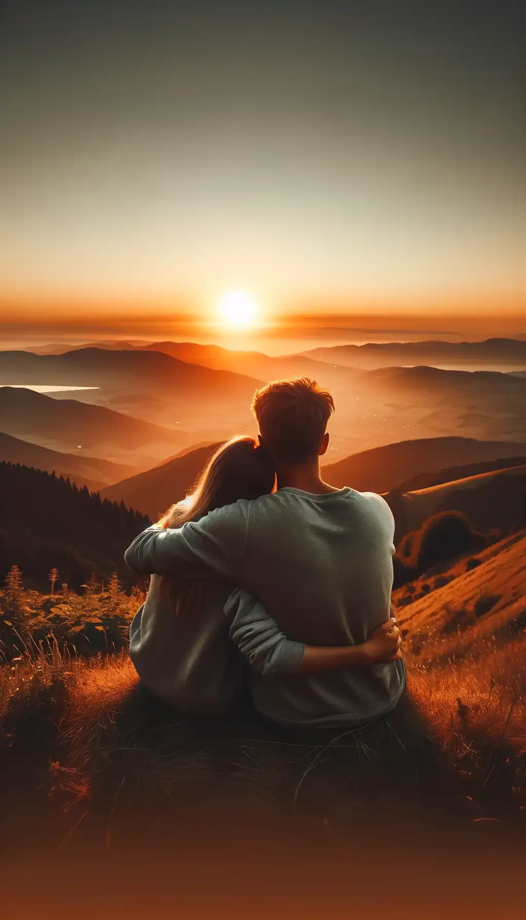 Couple watching sunset from hilltop