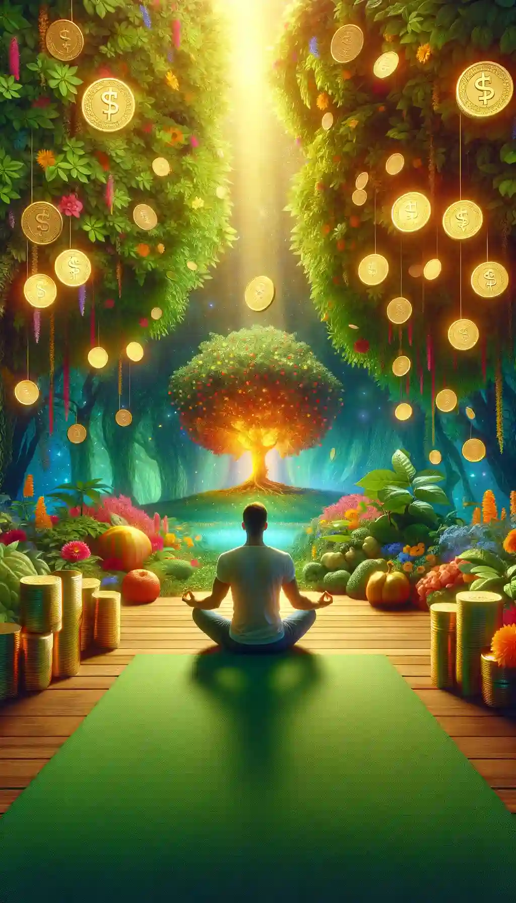 Person meditating among nature with symbols of wealth