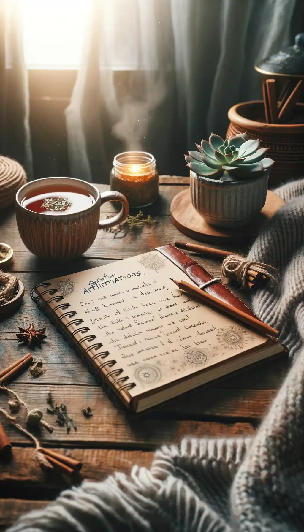 A cozy scene featuring a rustic wooden table with a journal, a warm cup of tea, and a succulent, accompanied by inspirational affirmations.