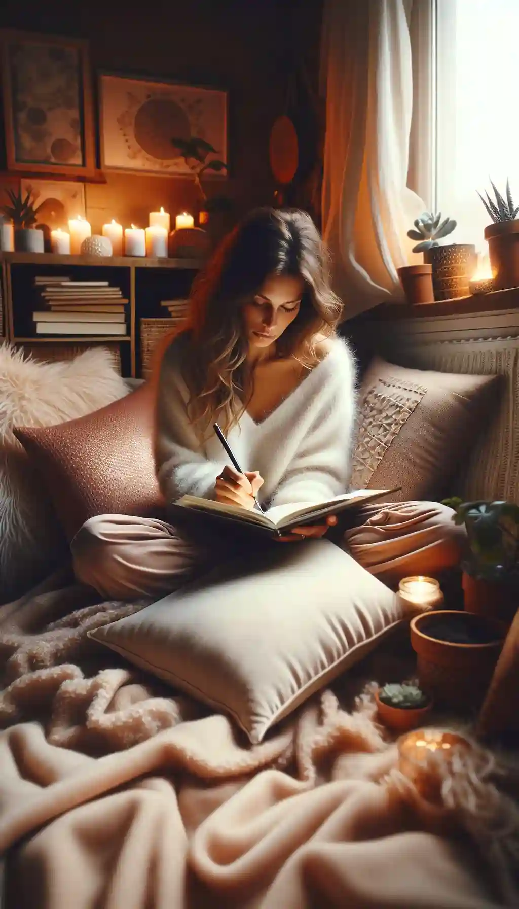 A woman enveloped in soft, warm lighting writes in a journal, nestled among plush pillows and a cozy blanket, with a backdrop of serene home decor and flickering candles