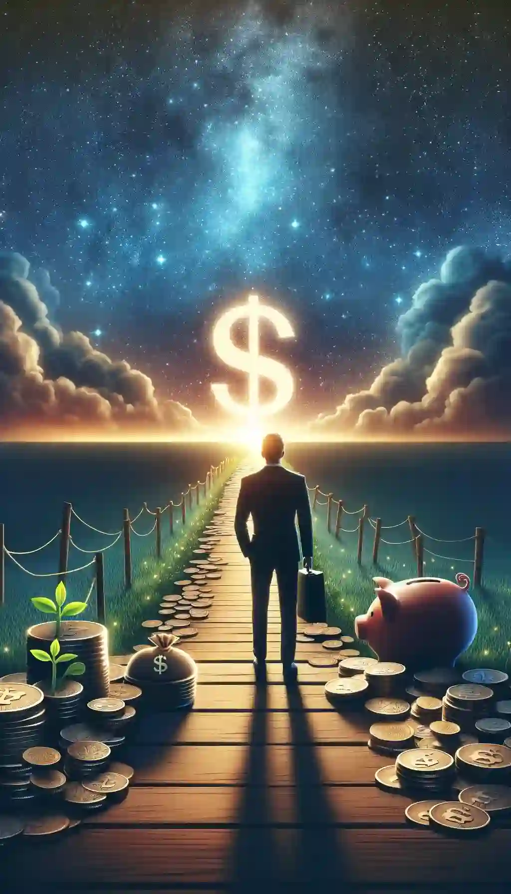 a man on a path toward a glowing dollar sign with coins and piggy banks along the way.