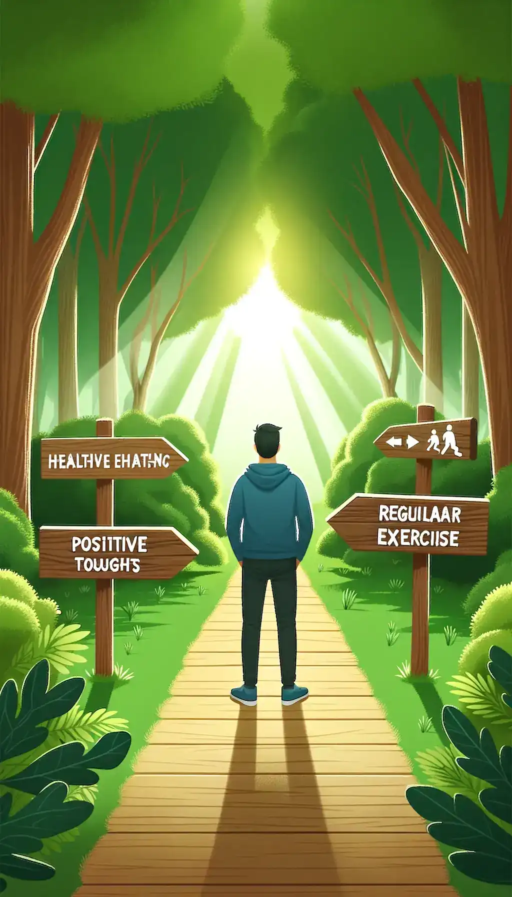 A person standing at a crossroads with signs pointing to healthy choices.
