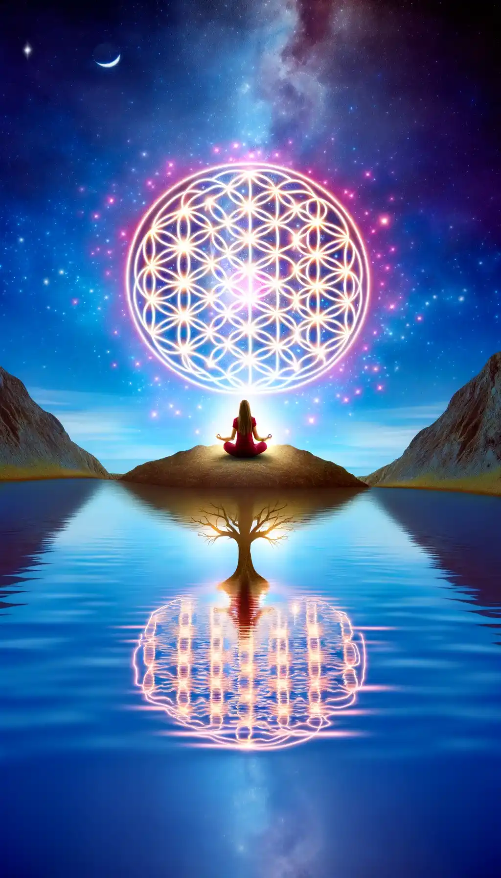 Woman meditating under a cosmic symbol.