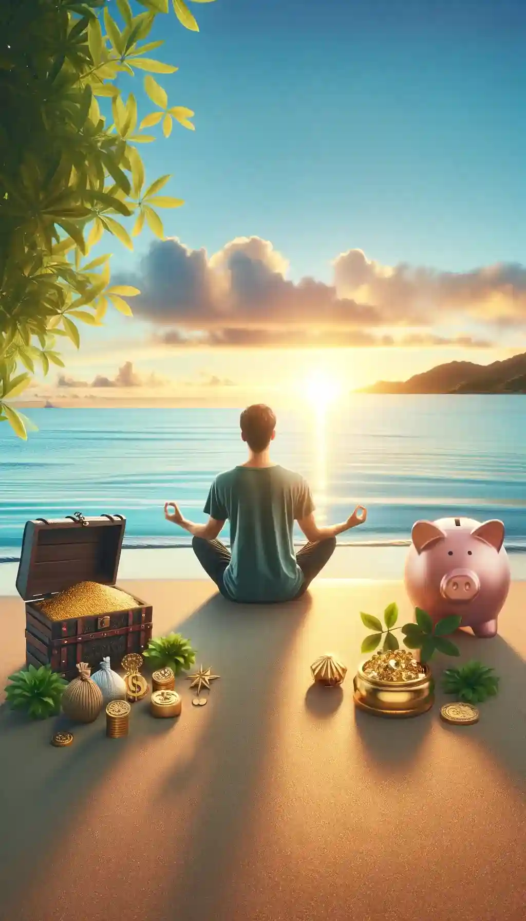 Person meditating on the beach with treasures around, facing the sunrise