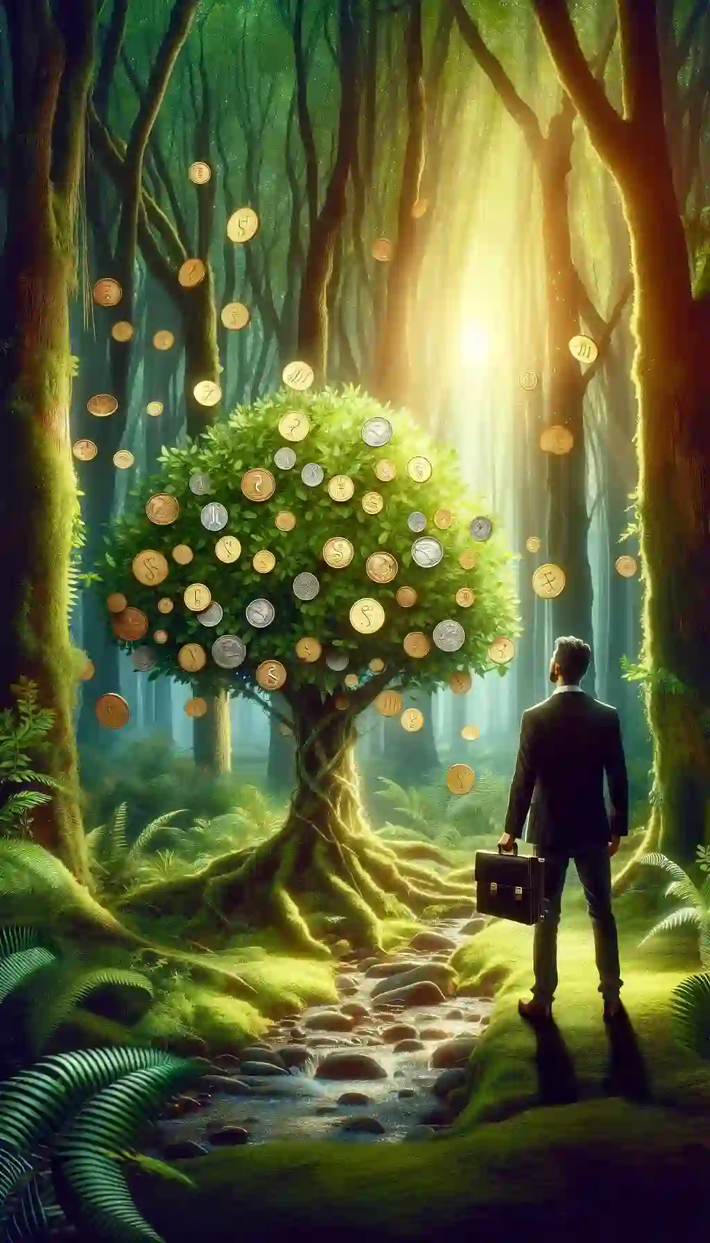 Man staring at a tree with coins
