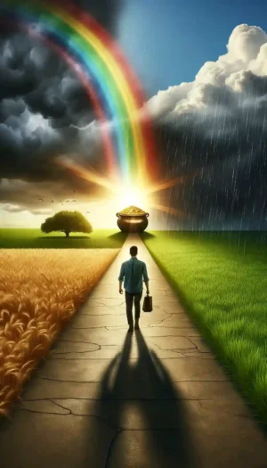 Person walking towards a pot of money at the end of a rainbow.