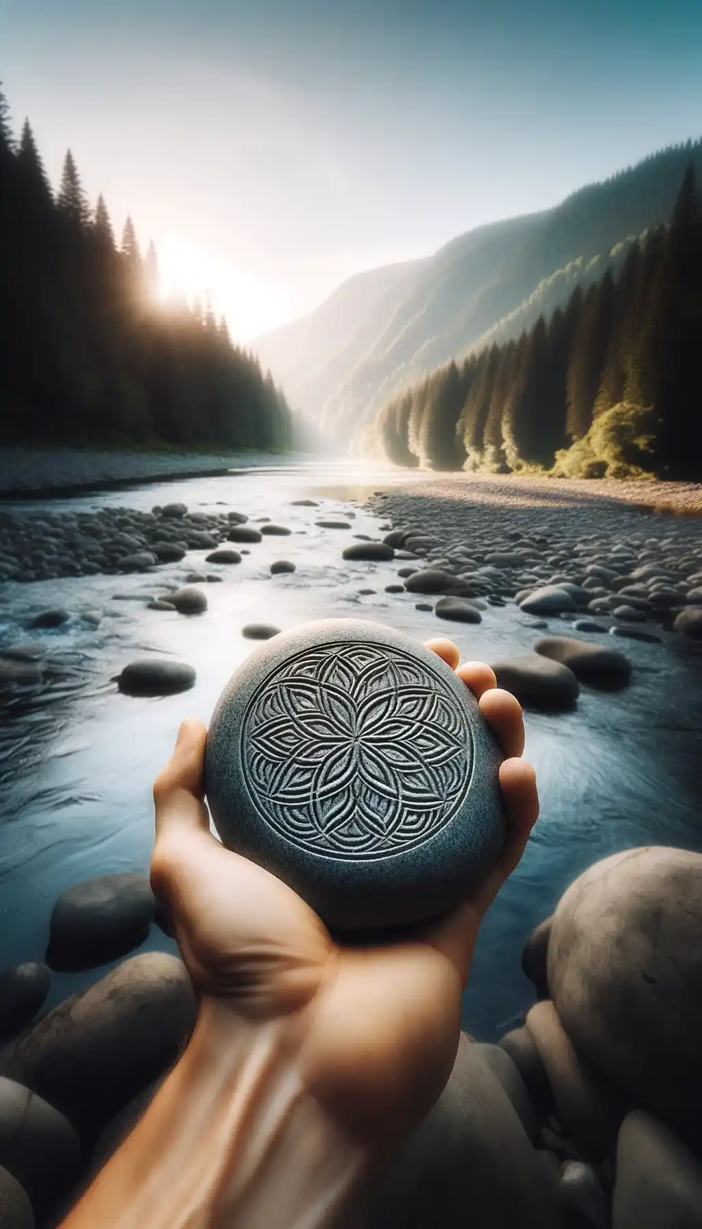 A hand holding a smooth stone with a serene river in the background