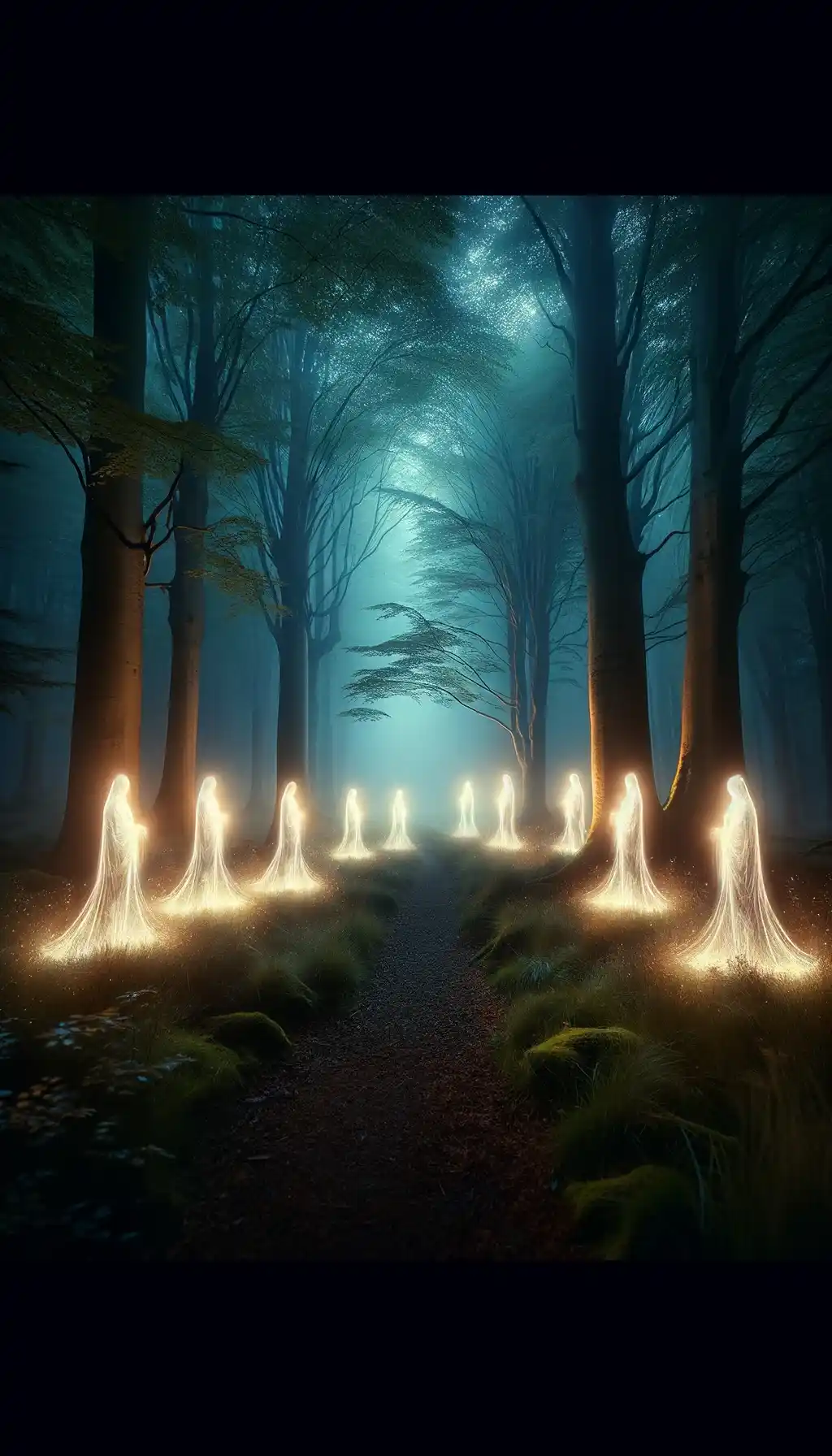 Ethereal figures guiding a path through a mystical forest at night