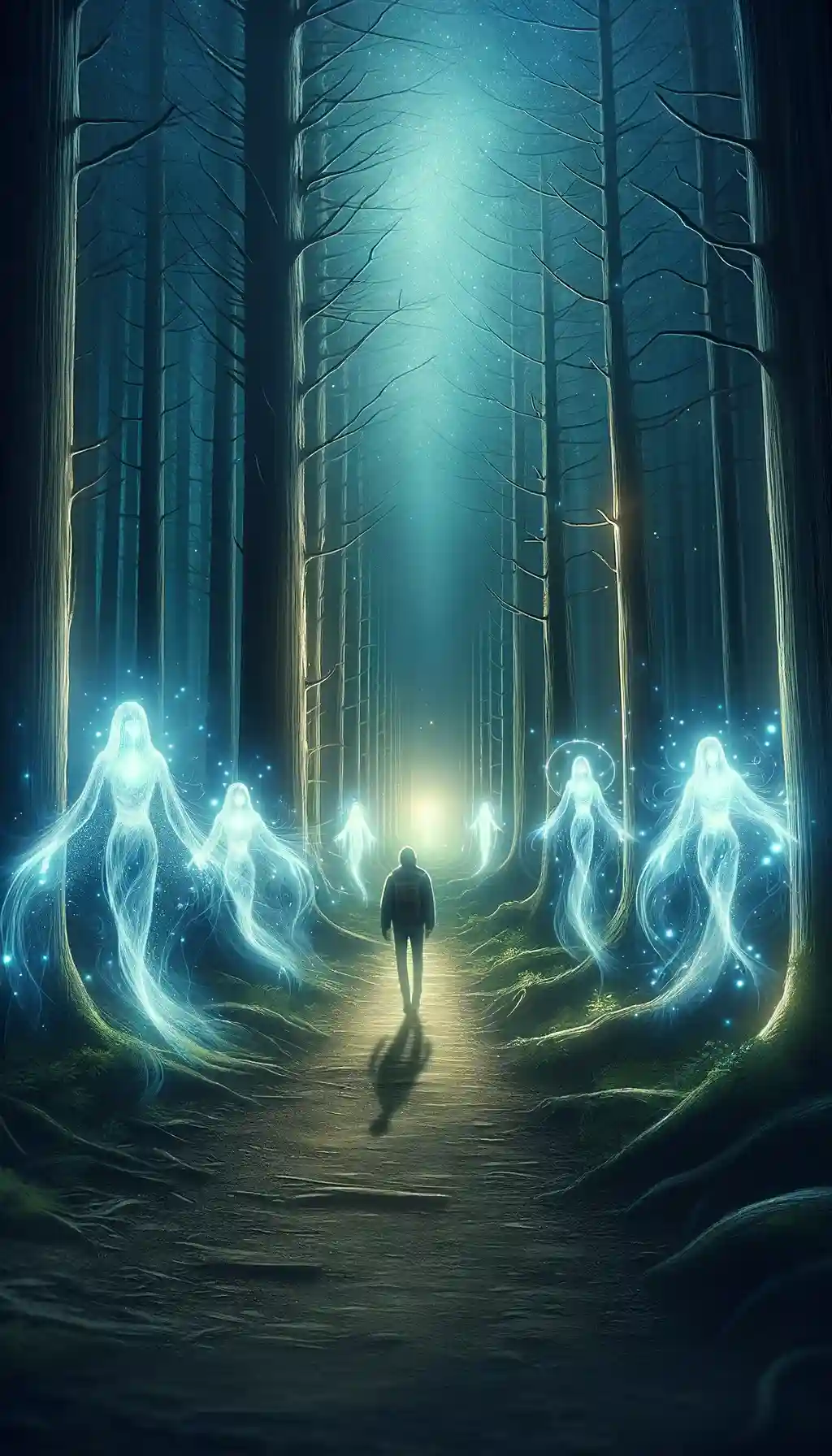 A twilight forest with guiding spirits along a path.