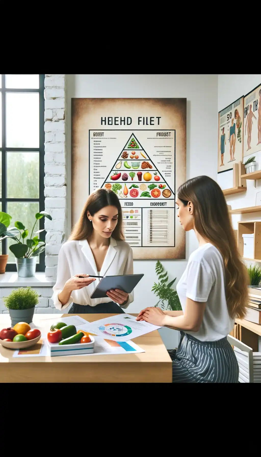 A woman consulting with a nutritionist in a bright, plant-filled office