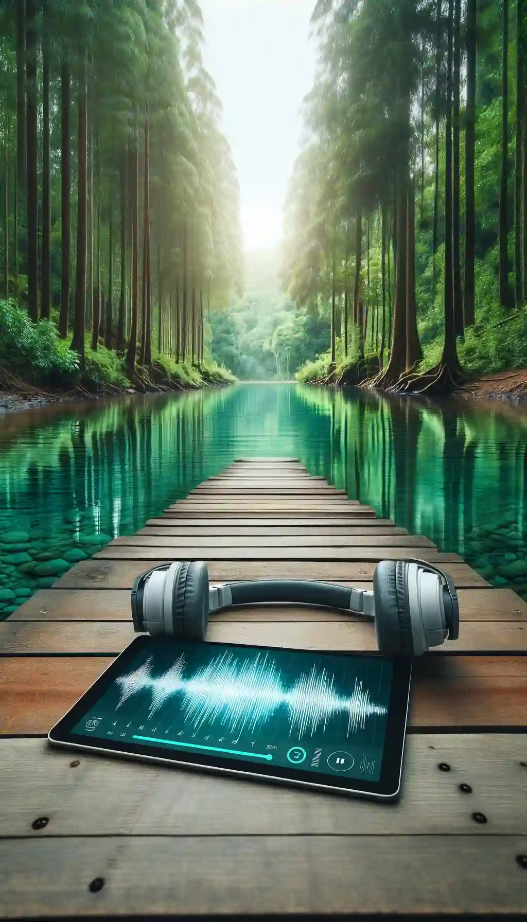 Headphones and tablet in nature
