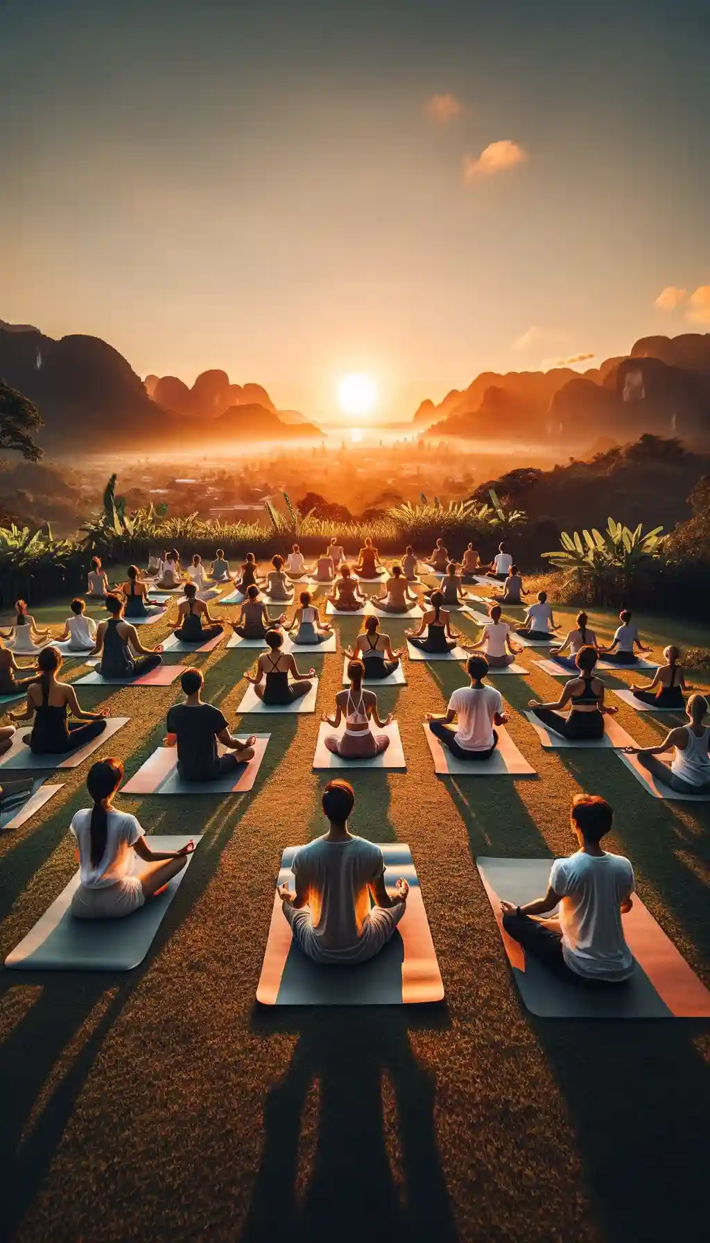 A serene yoga session taking place outdoors, with the warm glow of the sunset in the background.
