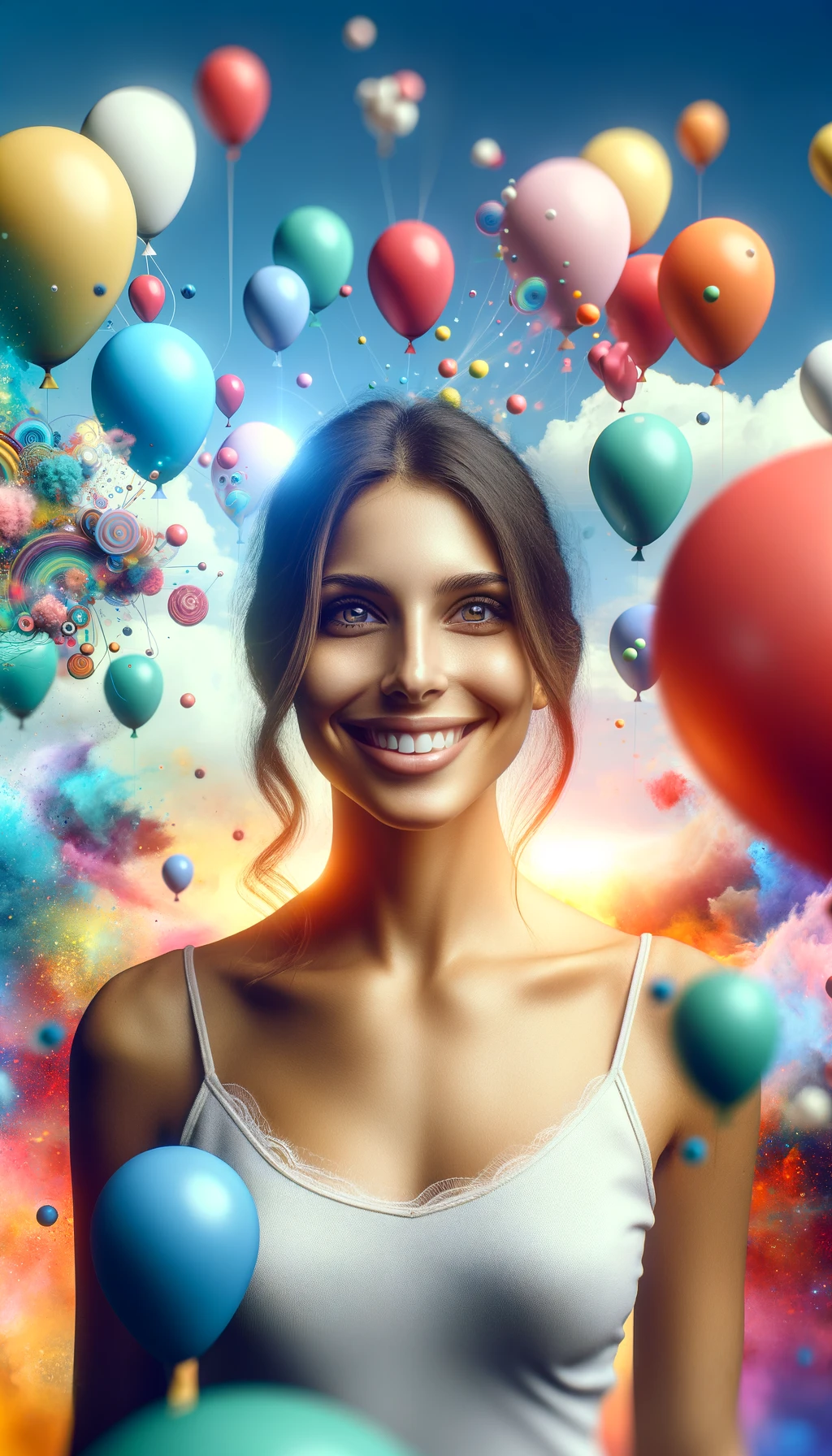 Woman surrounded by colorful balloons.