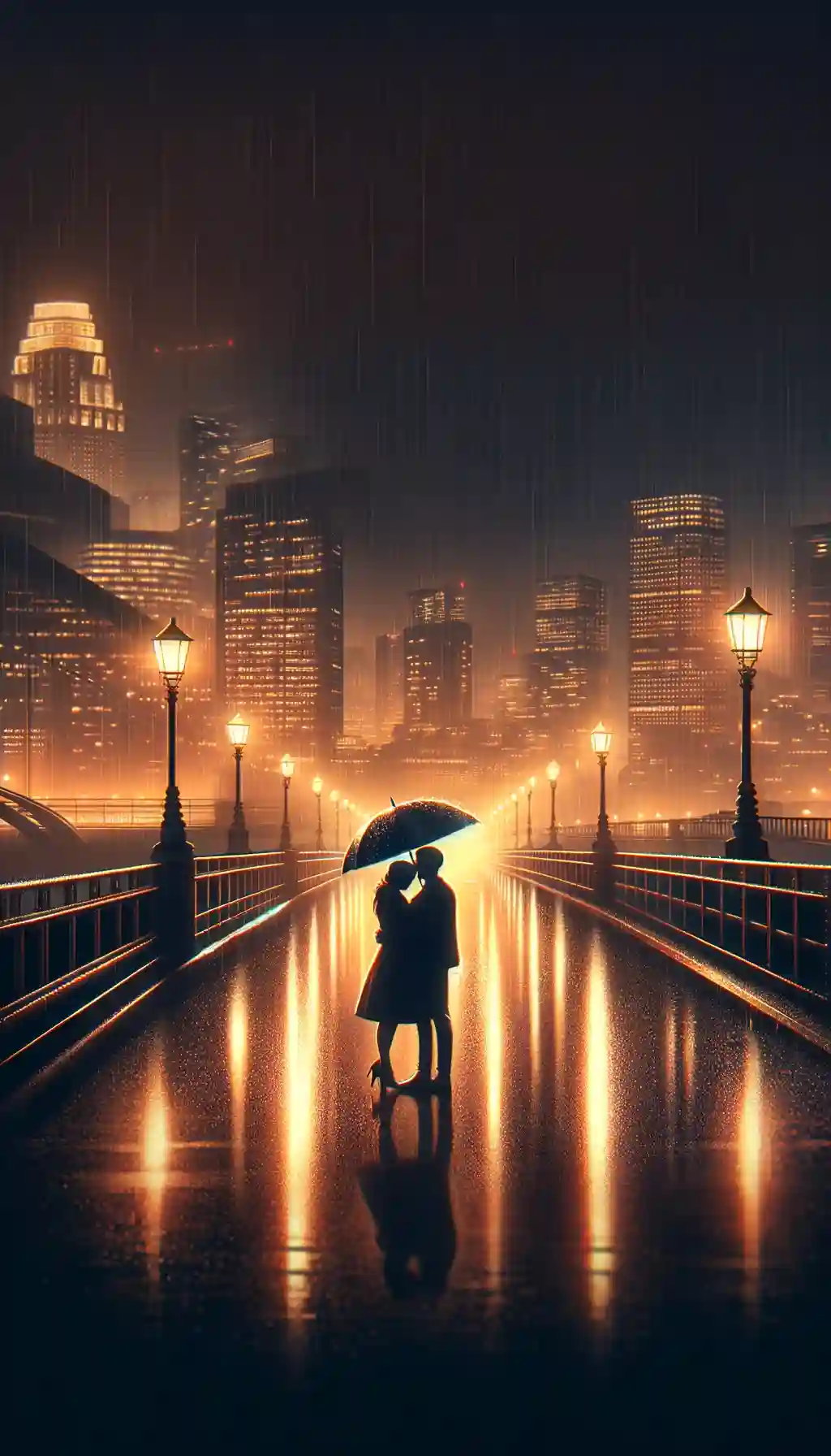 Couple under an umbrella on a rainy bridge