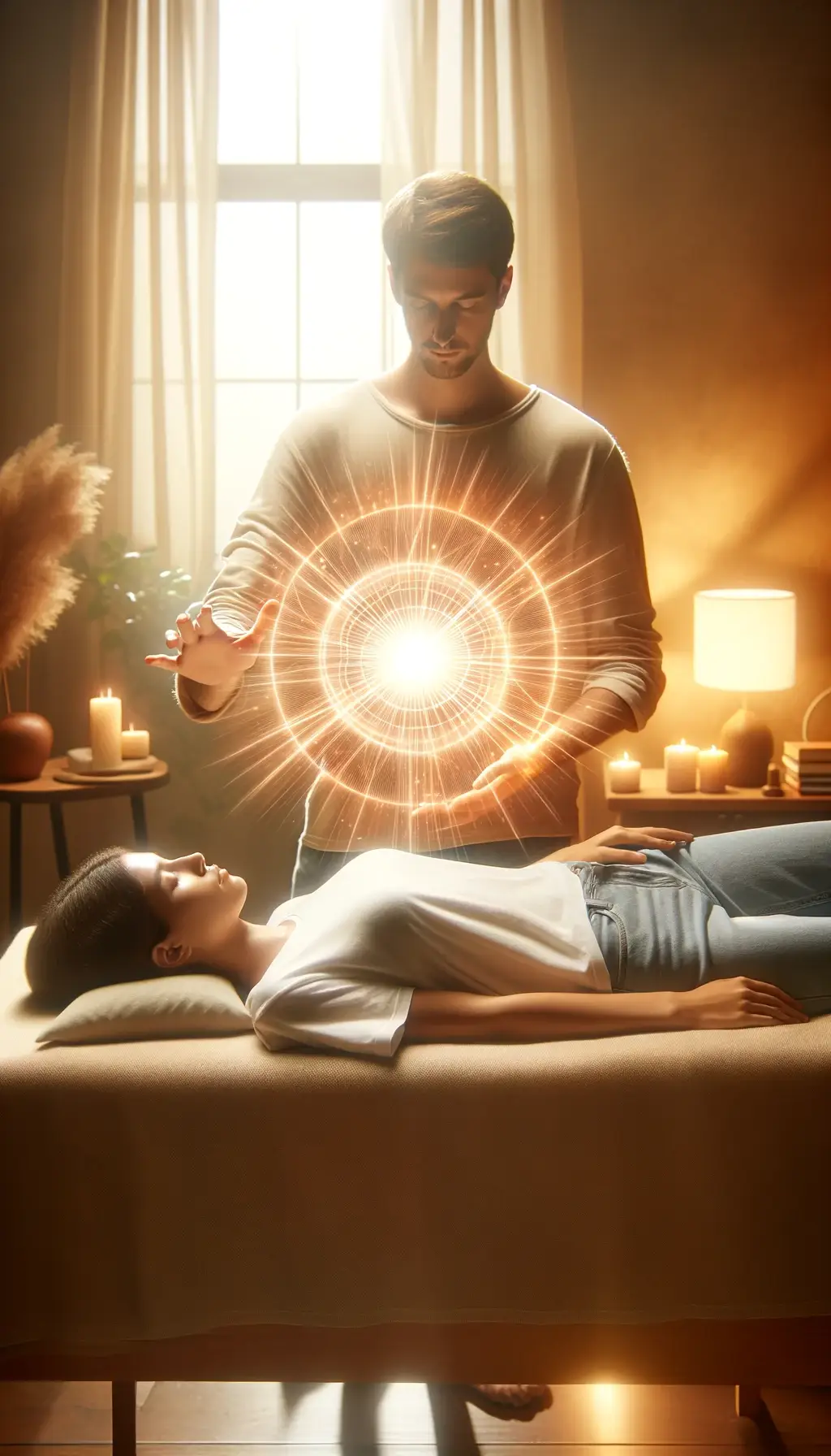 A reiki healing session depicting a practitioner channeling energy over a relaxed recipient, surrounded by a glowing aura.
