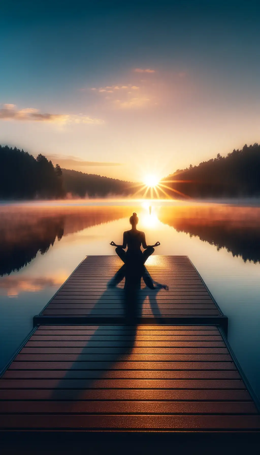 A person meditating on a dock at sunrise, with a calm lake around