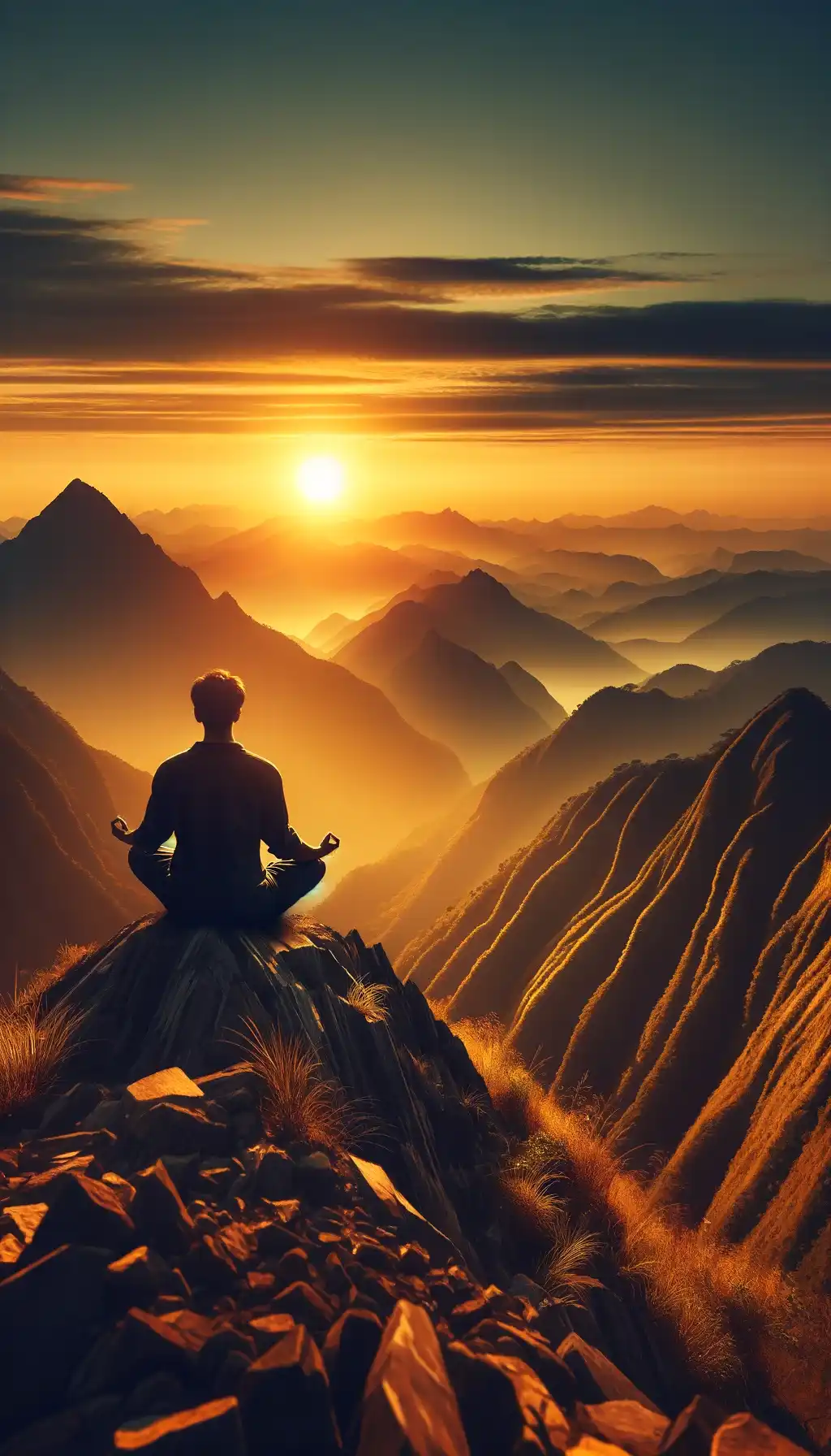 Person meditating on a mountain at sunrise.