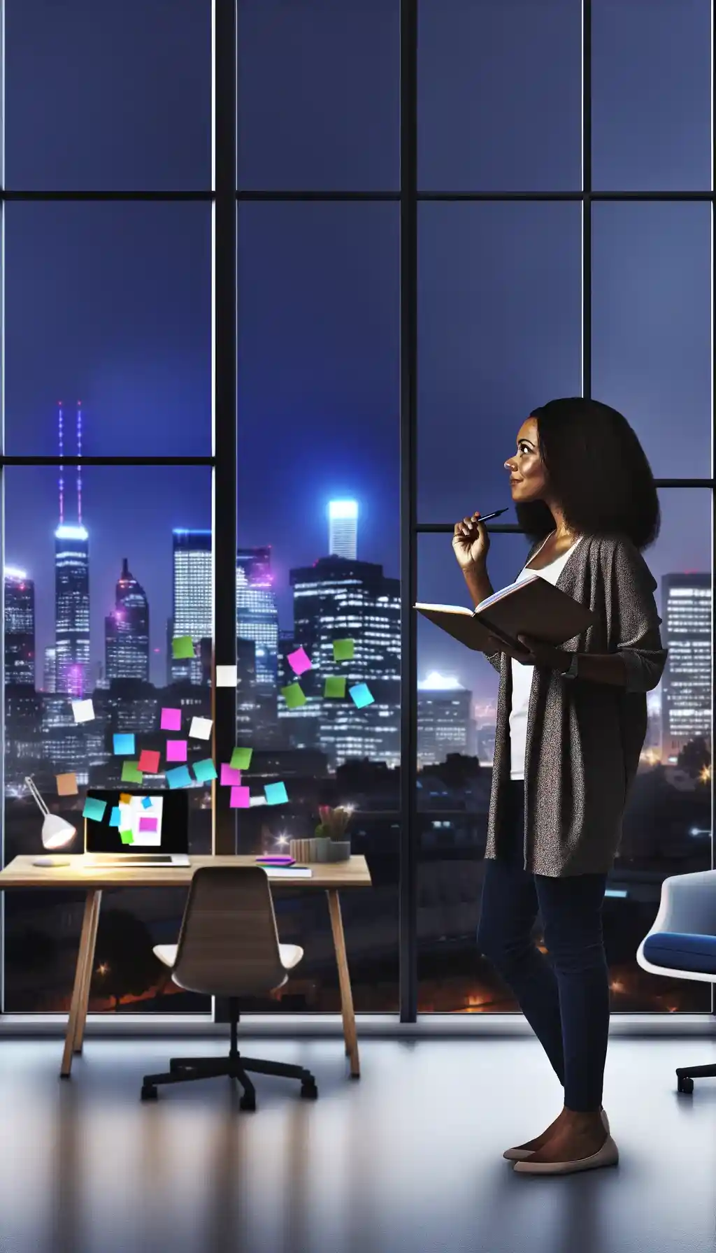 A professional woman stands in a modern office space, crafting her vision on paper against the backdrop of a majestic city skyline, symbolizing ambition and clarity