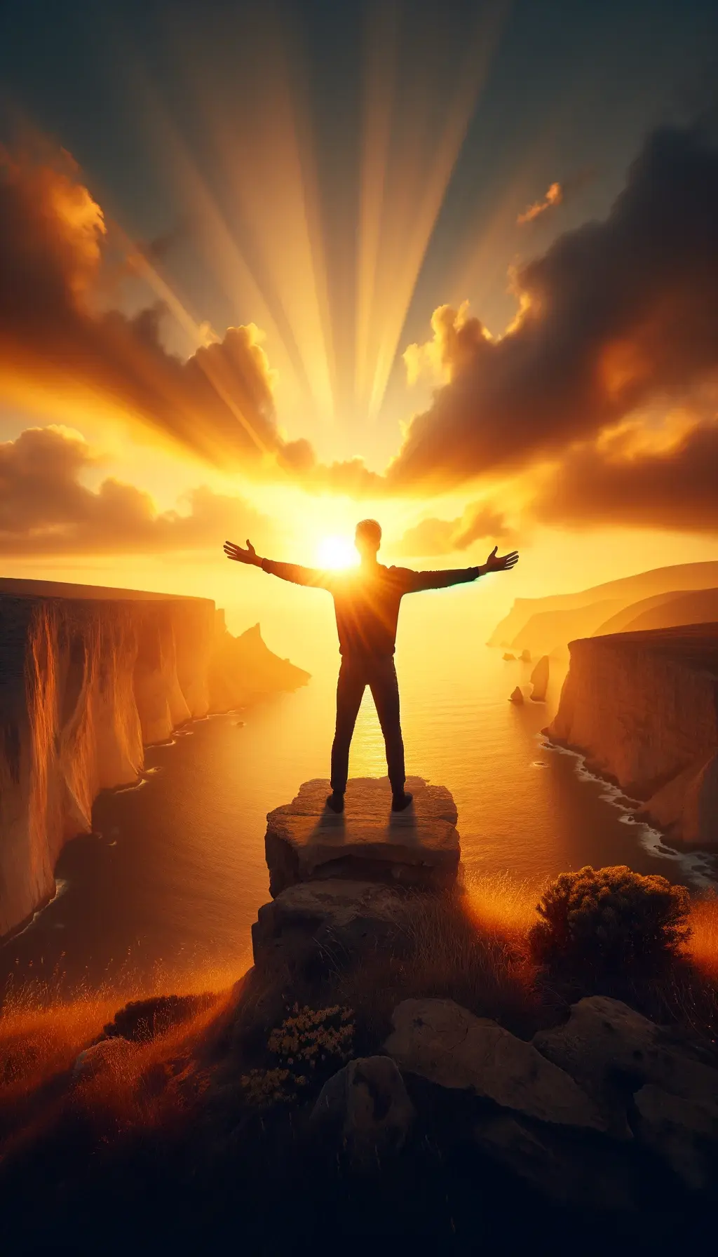 A person stands with arms raised, embracing a radiant sunrise over a cliffside, symbolizing a spiritual awakening.
