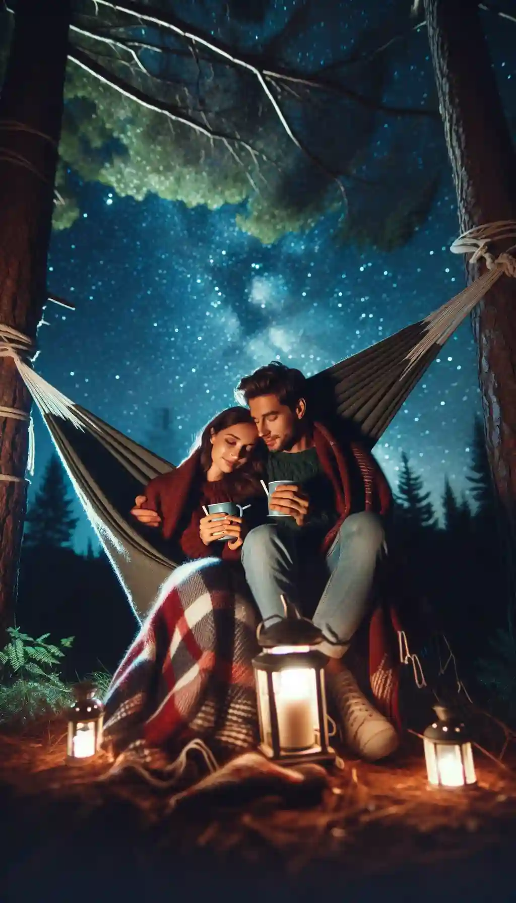 Couple cuddling in a hammock under the stars.