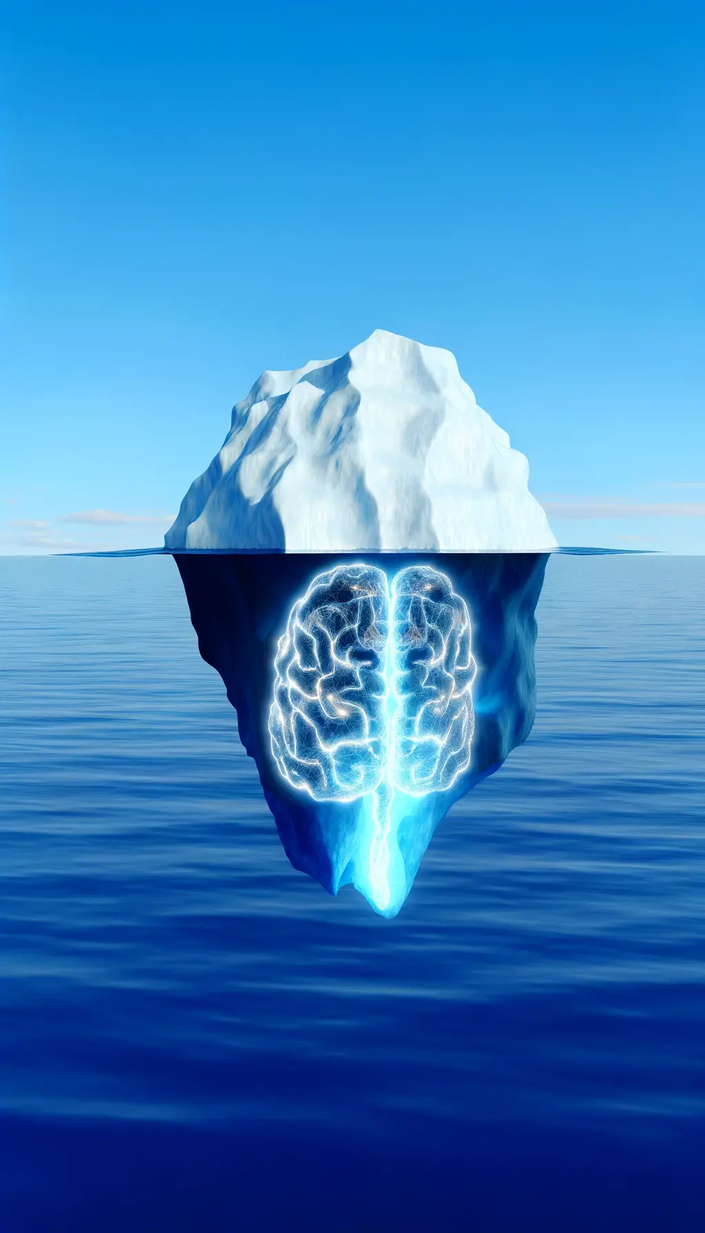 An iceberg floating in the ocean, larger beneath the surface.