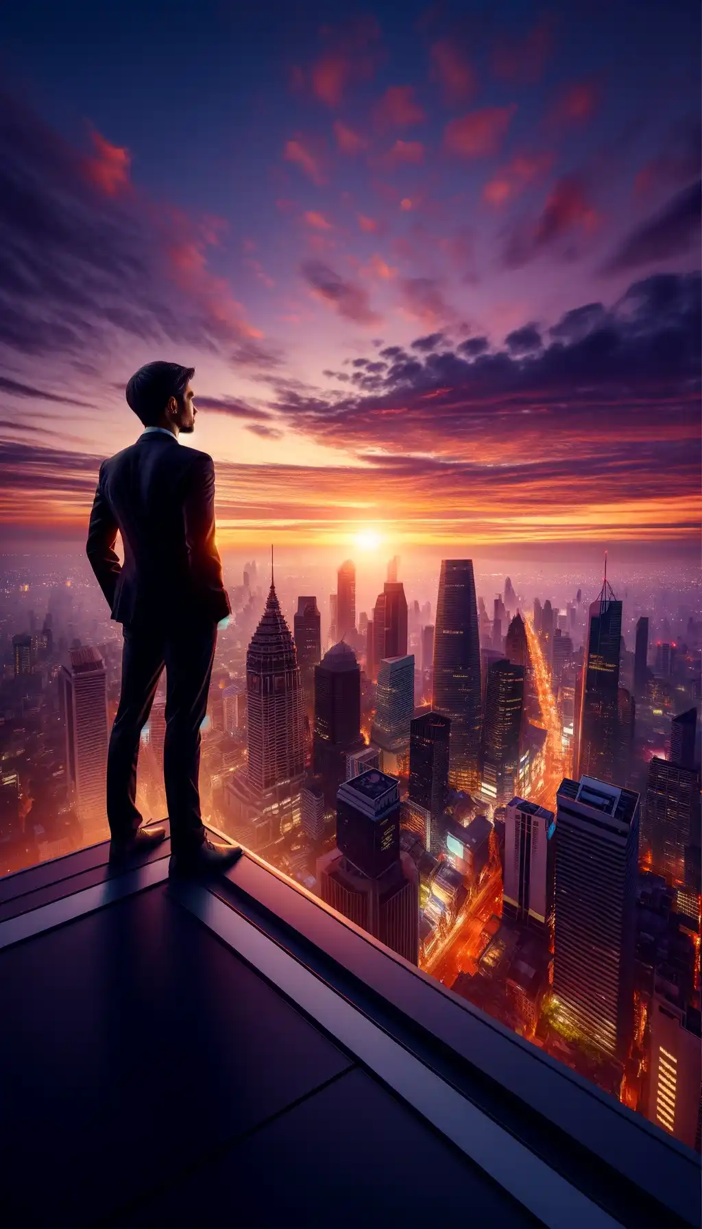 Businessman overlooking a cityscape at sunset