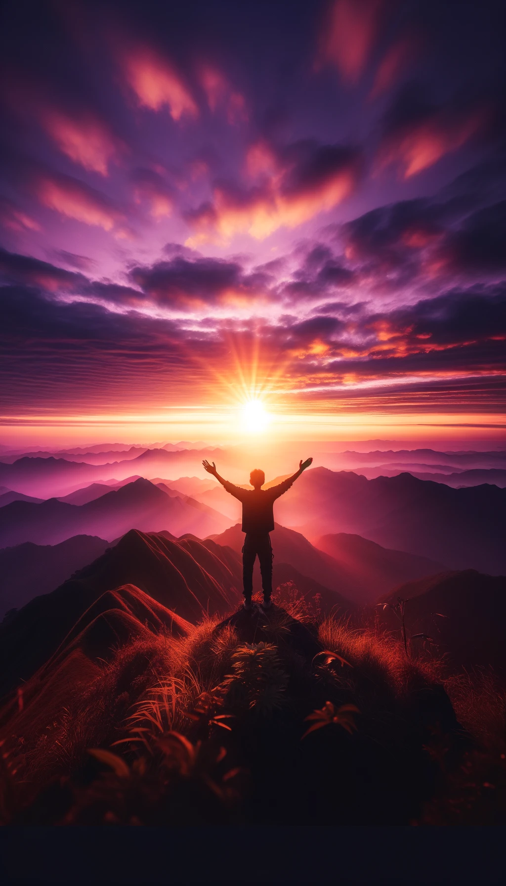 Person with arms outstretched facing the sunrise on a mountain.