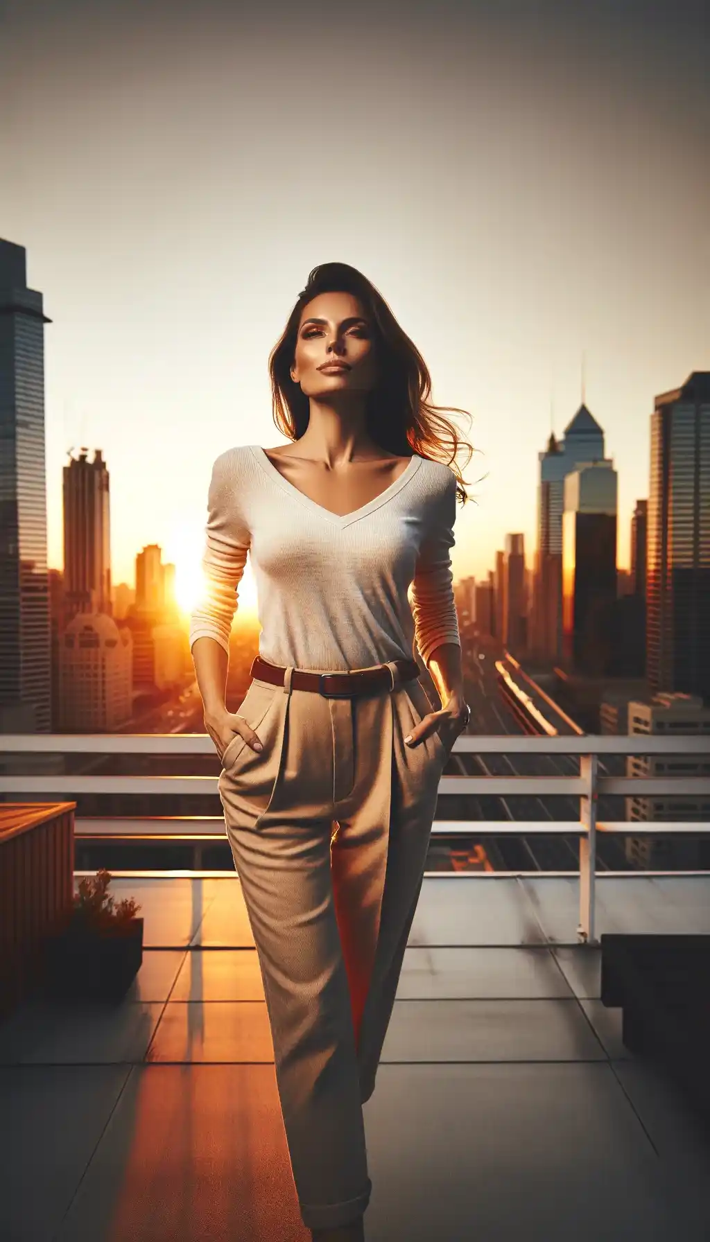 A poised woman on a rooftop against the backdrop of a sunset over the city skyline, radiating confidence.