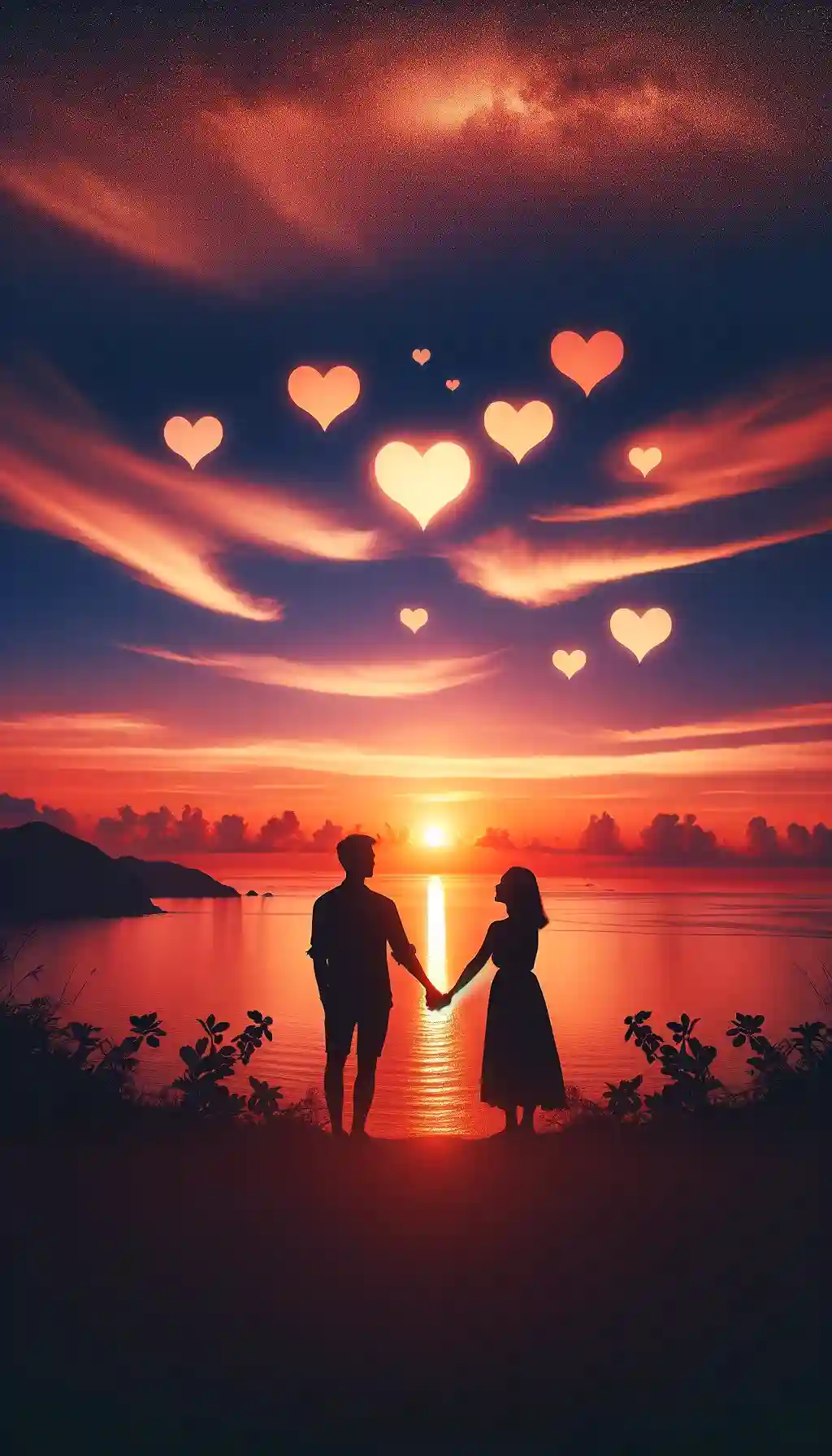 Couple silhouetted against a sunset with heart-shaped clouds