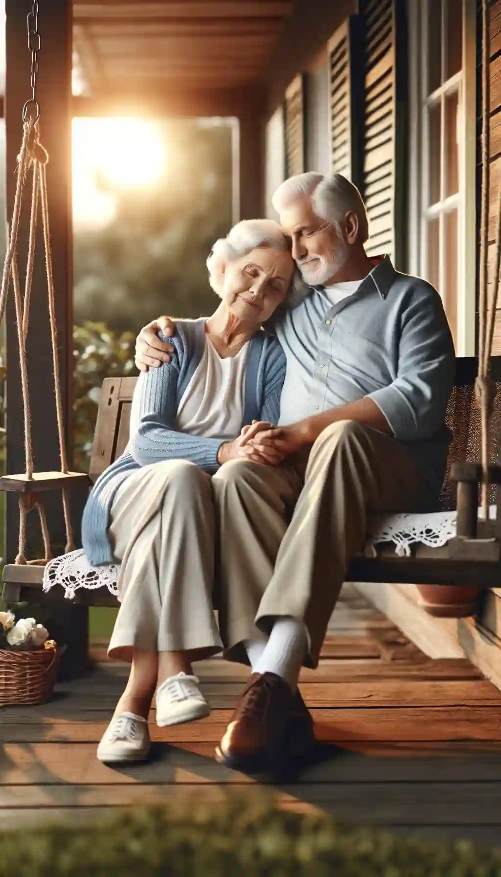 Elderly couple cuddling on a porch